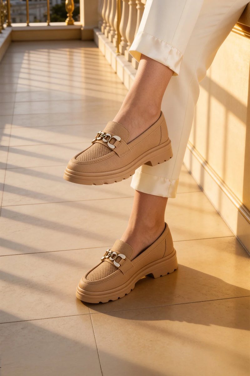 Kadın Tokalı Casual Loafer Ayakkabı Delikli Ortopedik Kalın Taban Şık Model