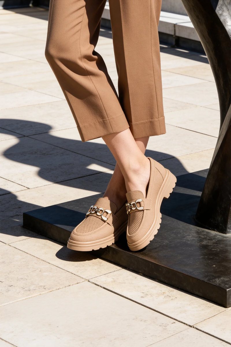 Kadın Tokalı Casual Loafer Ayakkabı Delikli Ortopedik Kalın Taban Şık Model
