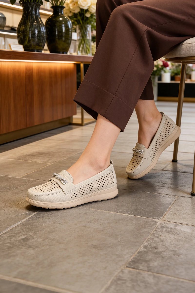 Taş Detaylı Ortopedik Delikli Günlük Kadın Loafer Ayakkabı