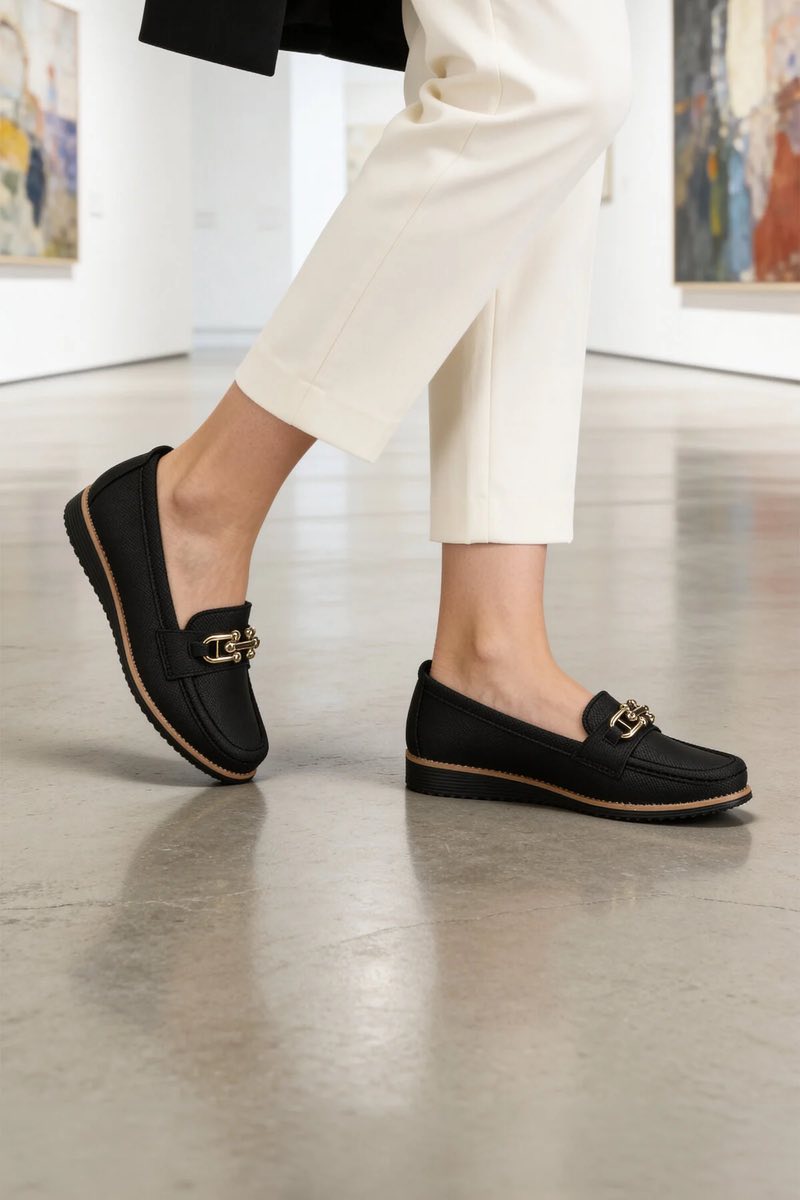 Toka Detaylı Ortopedik Günlük Kadın Loafer Casual Ayakkabı Siyah