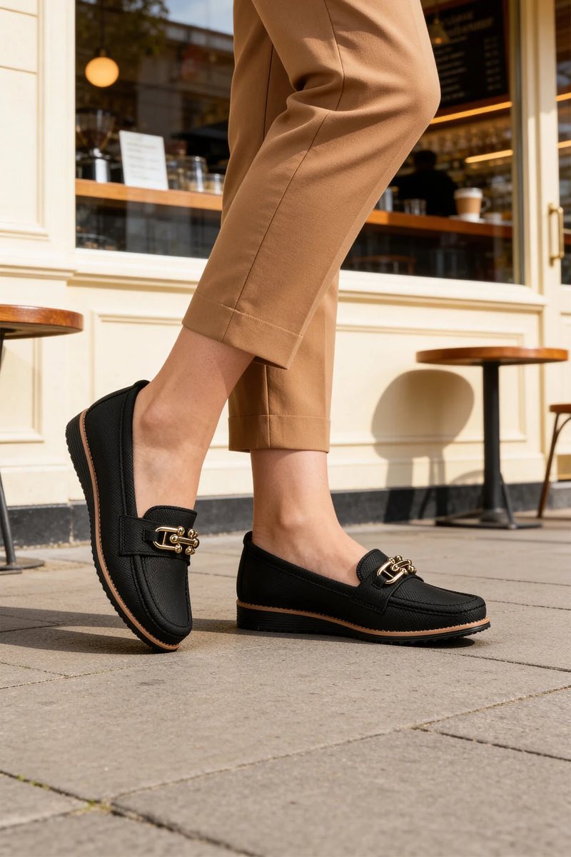 Toka Detaylı Ortopedik Günlük Kadın Loafer Casual Ayakkabı Siyah