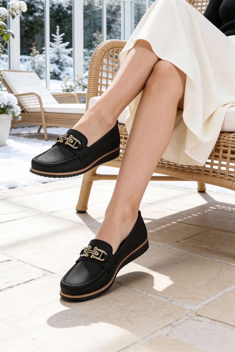 Toka Detaylı Ortopedik Günlük Kadın Loafer Casual Ayakkabı Siyah